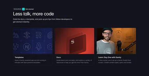Sanity blog & resources section: left-aligned headline above three resource cards for templates, docs and a course on a dark background