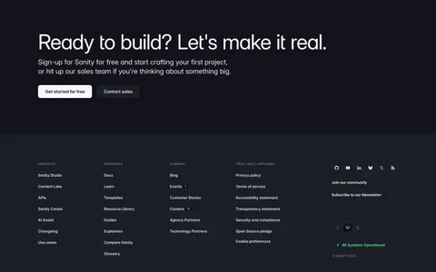 Sanity footer section: CTA headline with two buttons above link columns and social icons on charcoal, with a giant red SANITY wordmark