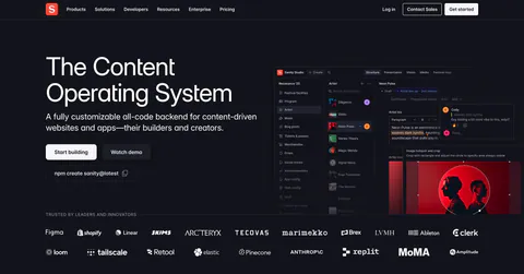 Sanity hero section: headline, buttons and npm command left, Sanity Studio screenshot right, two rows of customer logos below on dark
