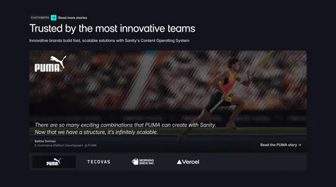 Sanity testimonials section: headline above a PUMA athlete photo card with quote and a row of customer logo tabs on a dark background