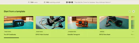 Schematik features section: stats bar above a carousel of hardware template photo cards on a lime green background