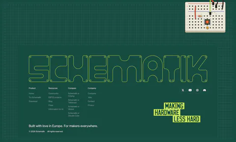 Schematik footer section: outlined SCHEMATIK wordmark, link columns and lime tagline on a dark green grid with a breadboard