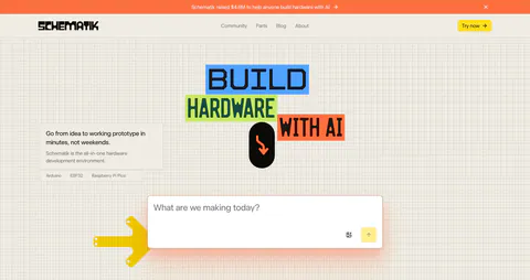 Schematik hero section: nav, colored block headline and prompt input box on a beige grid background with arrow graphics