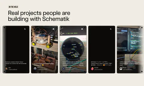 Schematik testimonials section: headline above a carousel of user post cards with project photos on a beige background