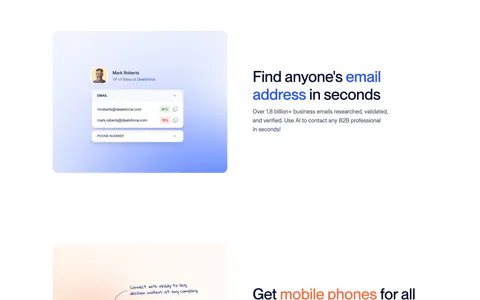 Seamless.AI features section: two rows with gradient panels showing contact UI cards on the left and headlines on the right