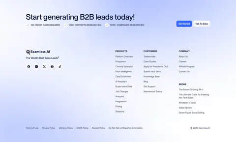 Seamless.AI footer section: CTA headline with buttons above logo, social icons and link columns on a soft blue gradient background