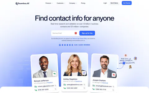 Seamless.AI hero section: centered headline and email signup above contact cards with portrait photos and a customer logo row