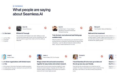 Seamless.AI testimonials section: left headline above two rows of G2 review cards with headshots, cut off at both edges