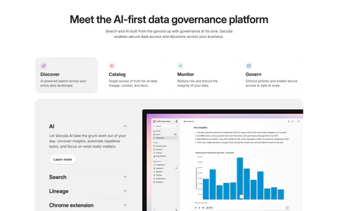 Secoda features section: centered headline above four capability cards and an accordion beside an AI analytics screenshot
