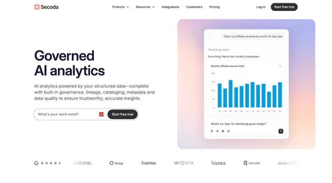 Secoda hero section: headline and work email form on the left, AI chart chat mockup on a pastel gradient panel right, logos below