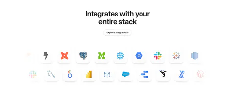 Secoda integrations section: centered headline and button above two rows of integration app icons fading at the edges on white