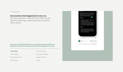Semaloop features section: numbered headline and feature list on the left beside a sage green panel with a phone test replay player