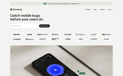 Semaloop hero section: left-aligned headline and email field with demo button above two rows of logos and a photo of a phone on a shelf