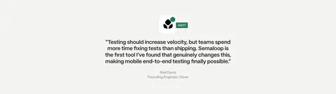 Semaloop testimonials section: centered single quote under a company icon with an agent badge, name and title below on light gray