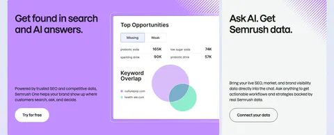 Semrush features section: large purple card with a keyword overlap product UI beside a gray card about Semrush data in AI chat