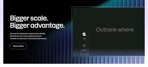Semrush features section: dark enterprise banner with headline and Book a demo button left, stylized product panel and neon stripes right