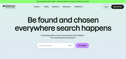 Semrush hero section: nav with promo bar, centered headline and a website URL input with Get insights button on pale mint