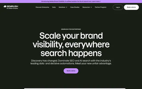 Semrush hero section: dark enterprise page with nav, centered headline and Book a demo button above an AIO Overview dashboard
