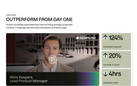 Semrush testimonials section: case study video of a product manager with a play button beside three sage metric cards