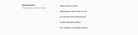 Sendr FAQ section: Quick answers title on the left beside a five-question collapsed accordion list on light gray