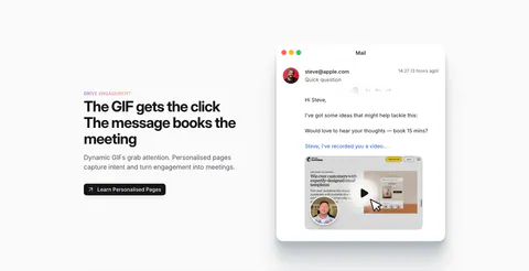 Sendr features section: Drive Engagement copy and button left, Mail app mockup with a personalised video GIF preview right