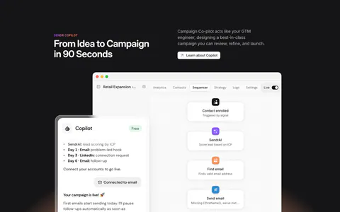 Sendr features section: dark section with headline above a Copilot chat panel overlapping a sequencer workflow UI, warm glow below