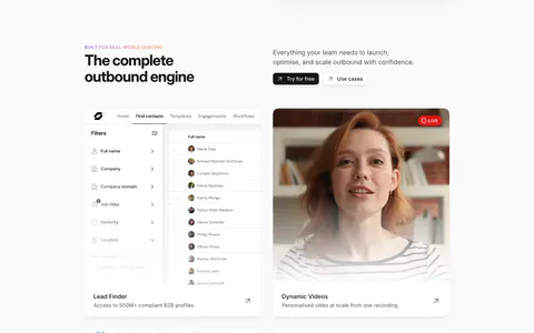 Sendr features section: headline and buttons above a 2x2 card grid of lead finder UI, live video, app icon grid and sequencer flow