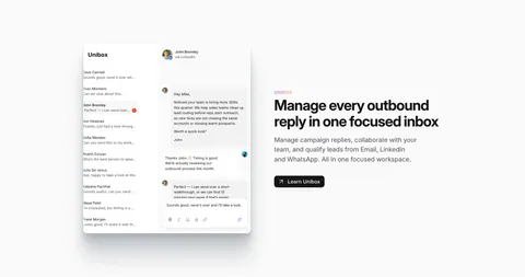 Sendr features section: Unibox inbox UI with a conversation thread on the left, headline, copy and Learn Unibox button on the right