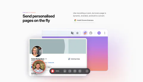 Sendr features section: Chrome Extension headline and install button above a LinkedIn profile mockup with a video recording toolbar