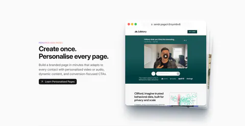 Sendr features section: Personalised Pages copy and button left, stacked browser mockups of a personalised video landing page right