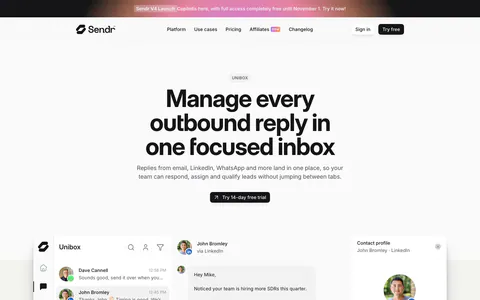 Sendr hero section: nav, centered Unibox headline and trial button above a full inbox product UI and a customer logo row
