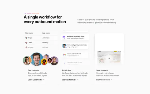 Sendr how it works section: headline above three columns for Find contacts, Enrich data and Send outreach with UI snippets