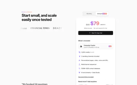 Sendr pricing section: headline, logos and serif customer quote left, single $79 plan card with monthly/annual toggle right