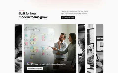 Sendr use cases section: headline and Explore button above expanding photo cards, the Marketing card open showing a whiteboard