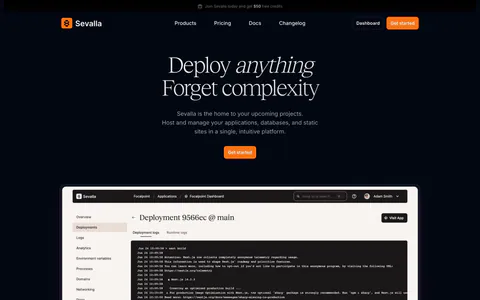 Sevalla hero section: centered serif headline and orange button above a deployment logs dashboard screenshot on a near-black background