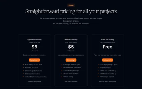 Sevalla pricing section: centered serif headline above three outlined hosting plan cards with orange buttons on a near-black background