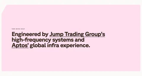 Shelby about & mission section: large left-aligned statement naming Jump Trading Group and Aptos as underlined links on a pale pink panel