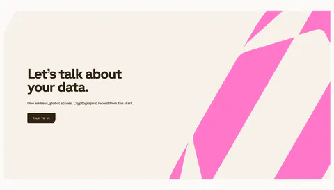 Shelby call to action section: left headline, one-line copy and Talk to us button beside bold pink diagonal stripes on a cream panel