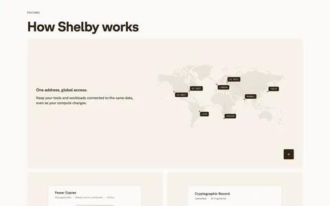 Shelby features section: wide card with a dotted world map of data regions above two cards with small UI mockups on cream panels