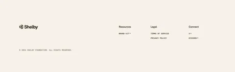 Shelby footer section: logo at left with Resources, Legal and Connect link columns and a copyright line on a cream background