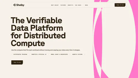 Shelby hero section: left-aligned headline, use-case labels and Talk to us button beside large pink abstract curves on a cream background