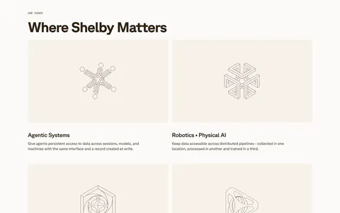 Shelby use cases section: two-by-two grid of cream cards with line-drawn geometric artworks above titles like Agentic Systems