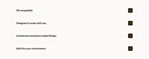 Shelby value proposition section: four stacked accordion rows of benefit titles with dark plus buttons on an off-white background