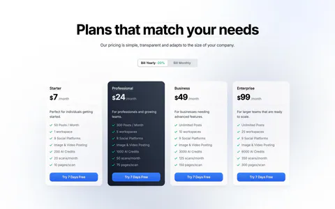 Siterails pricing section: centered headline and yearly/monthly toggle above four plan cards with a dark highlighted tier on white