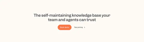 Slite call to action section: centered two-line headline with an orange Book demo button and a See pricing link on a cream band