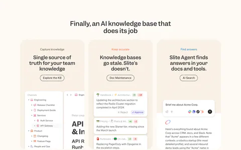 Slite features section: centered headline over three peach cards for capture, accuracy and search, each with a product UI snippet