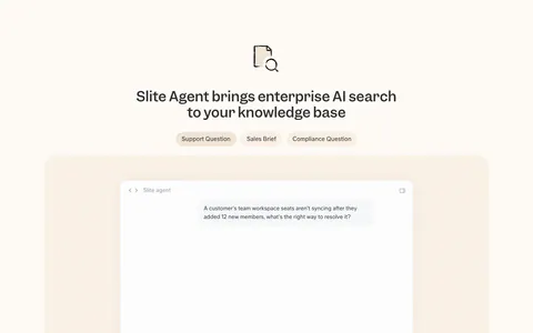 Slite features section: tabbed AI search chat mockup, app icon row, three capability cards with UI snippets and a short customer quote