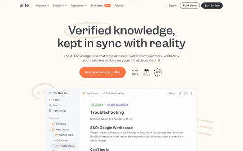 Slite hero section: centered headline, orange CTA and compliance badges above a knowledge base doc screenshot and customer logo row on cream