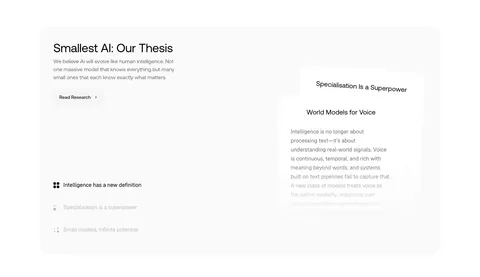 Smallest.ai about & mission section: thesis headline, research button and topic list on the left beside stacked text cards in a gray panel