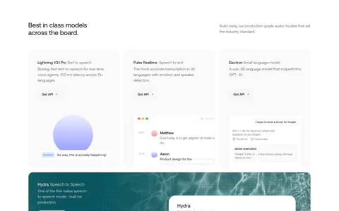 Smallest.ai features section: three model cards with UI previews above a wide teal water-textured card showing a speech-to-speech chat UI